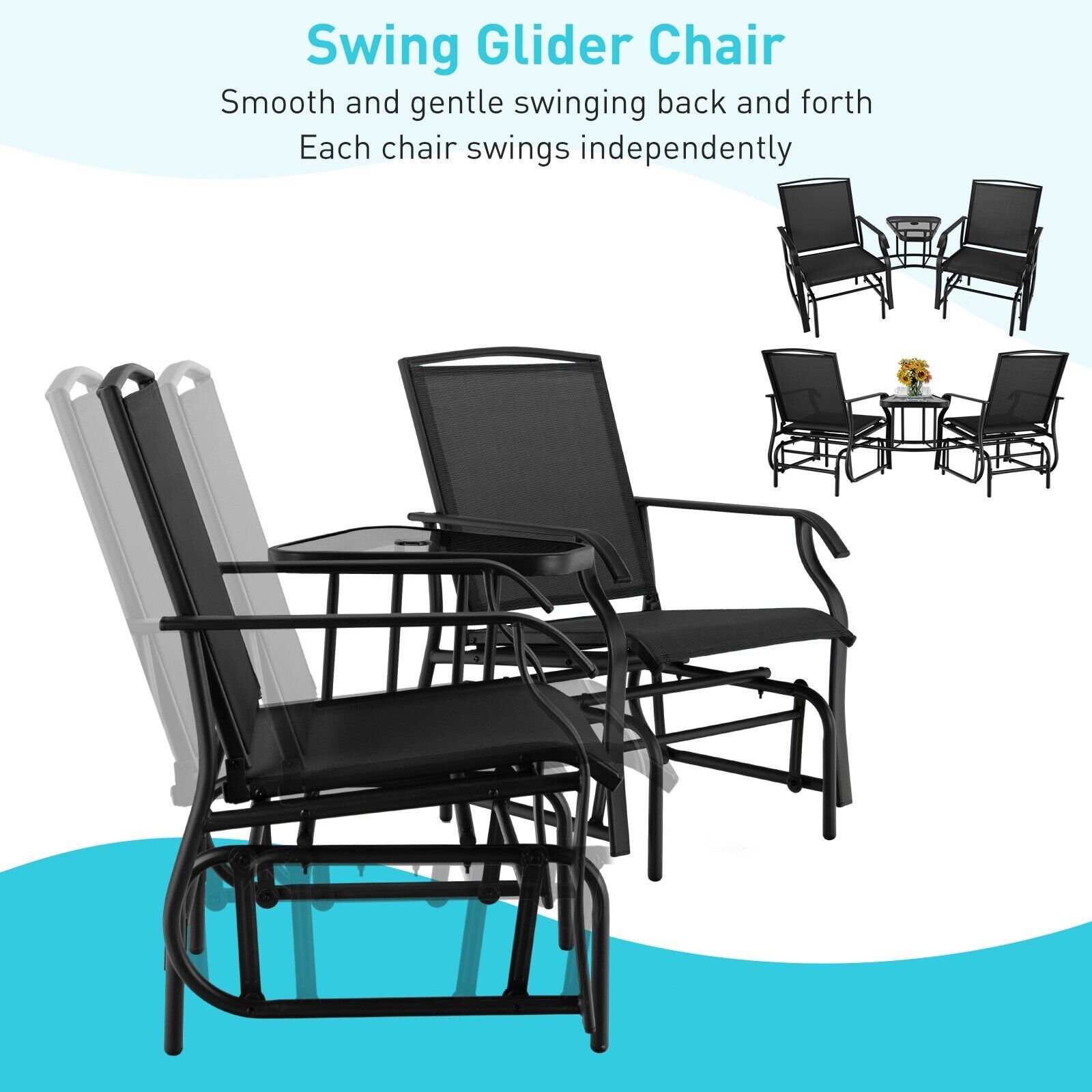 Outdoor Double Swing Glider Chair Set with Table and Umbrella Hole